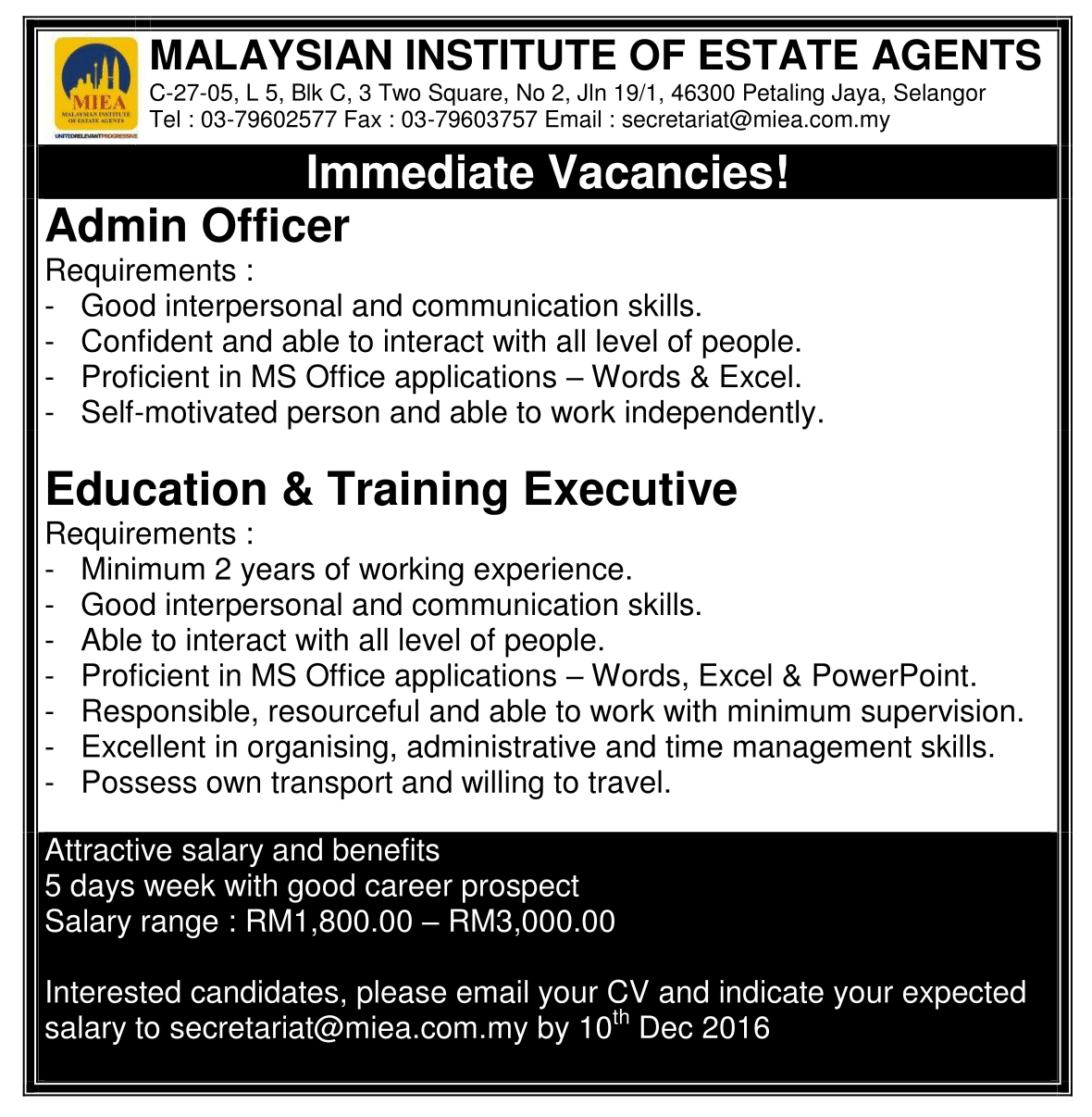 Miea Job Vacancy Malaysian Institute Of Estate Agents